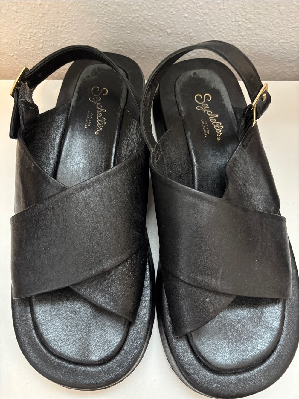 Seychelles Black Leather Crisscross Slingback Sandals with Gold Buckles